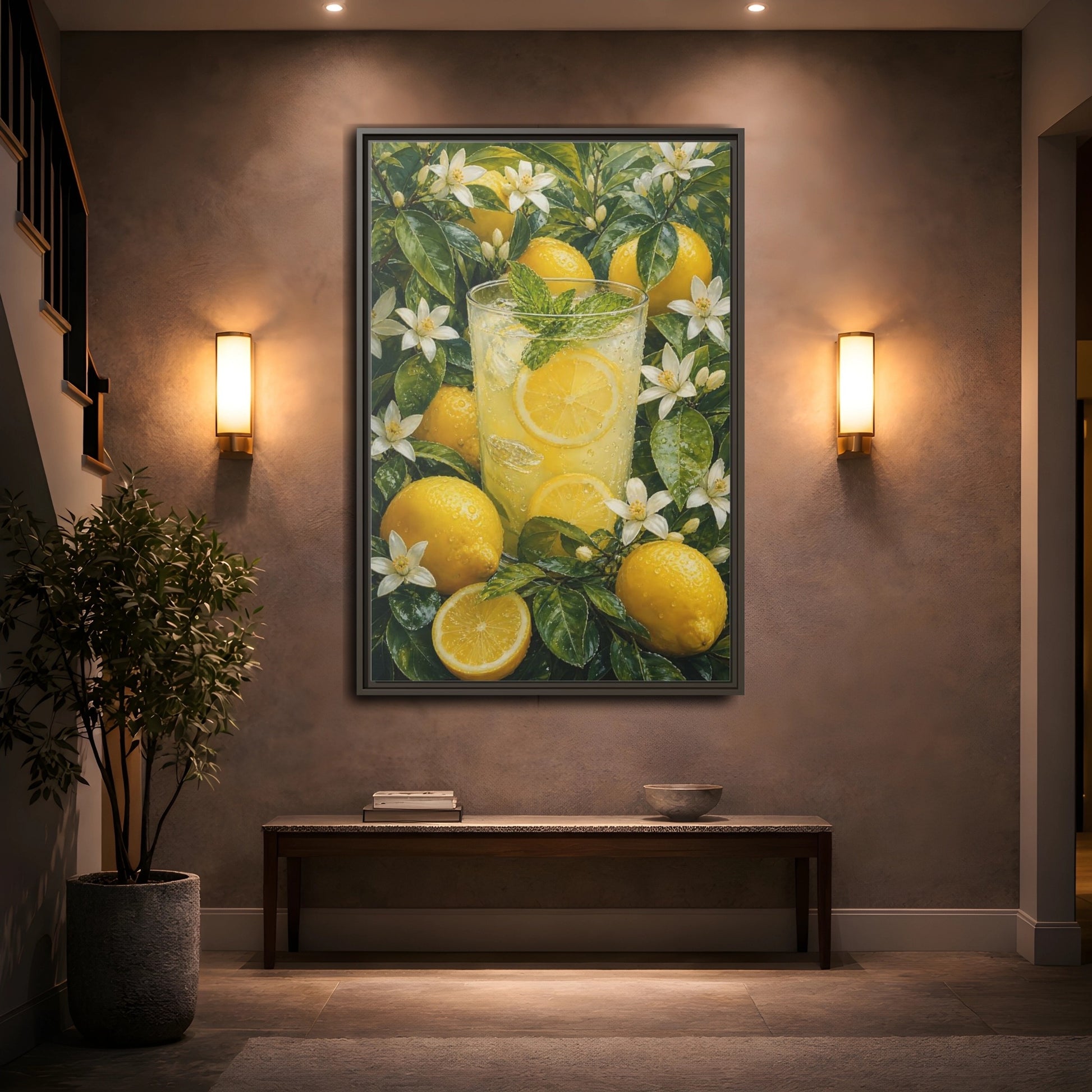 Nature Lemons Lemonade Yellow Framed Canvas Wall Art - Kitchen, Breakfast Nook, Green shown as canvas wall art