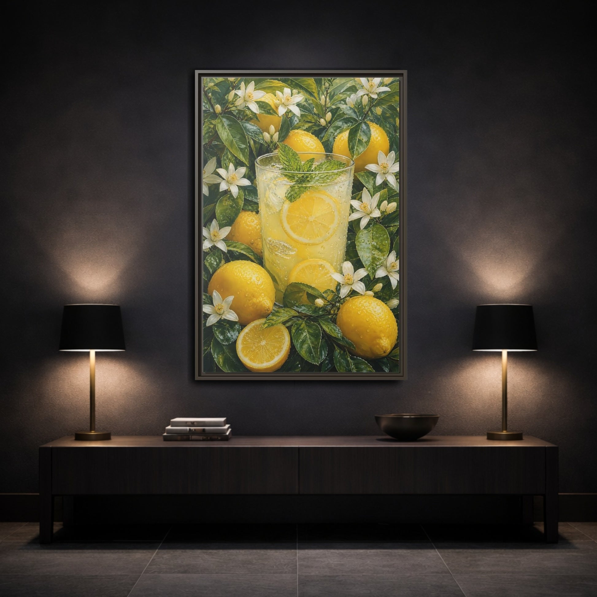 Nature Lemons Lemonade Yellow Framed Canvas Wall Art - Kitchen, Breakfast Nook, Green shown as canvas wall art