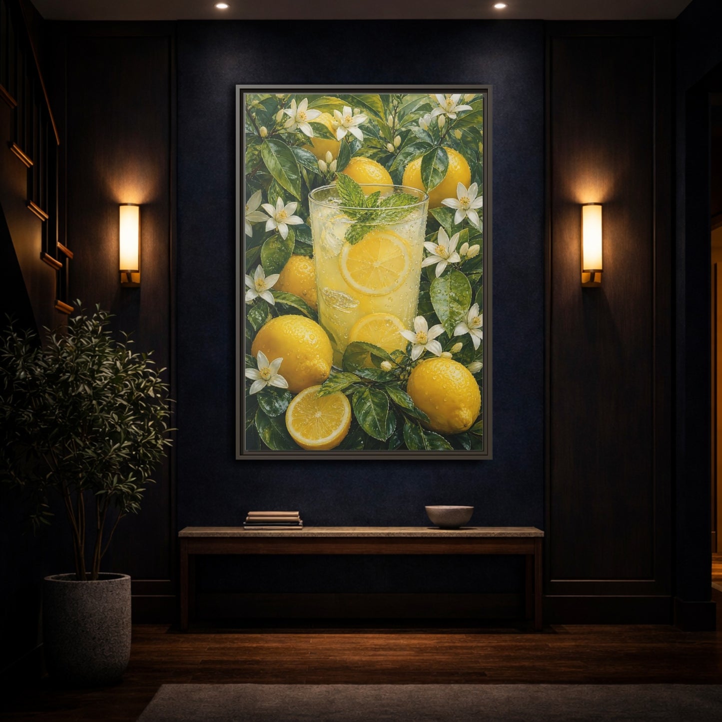 Nature Lemons Lemonade Yellow Framed Canvas Wall Art - Kitchen, Breakfast Nook, Green shown as canvas wall art
