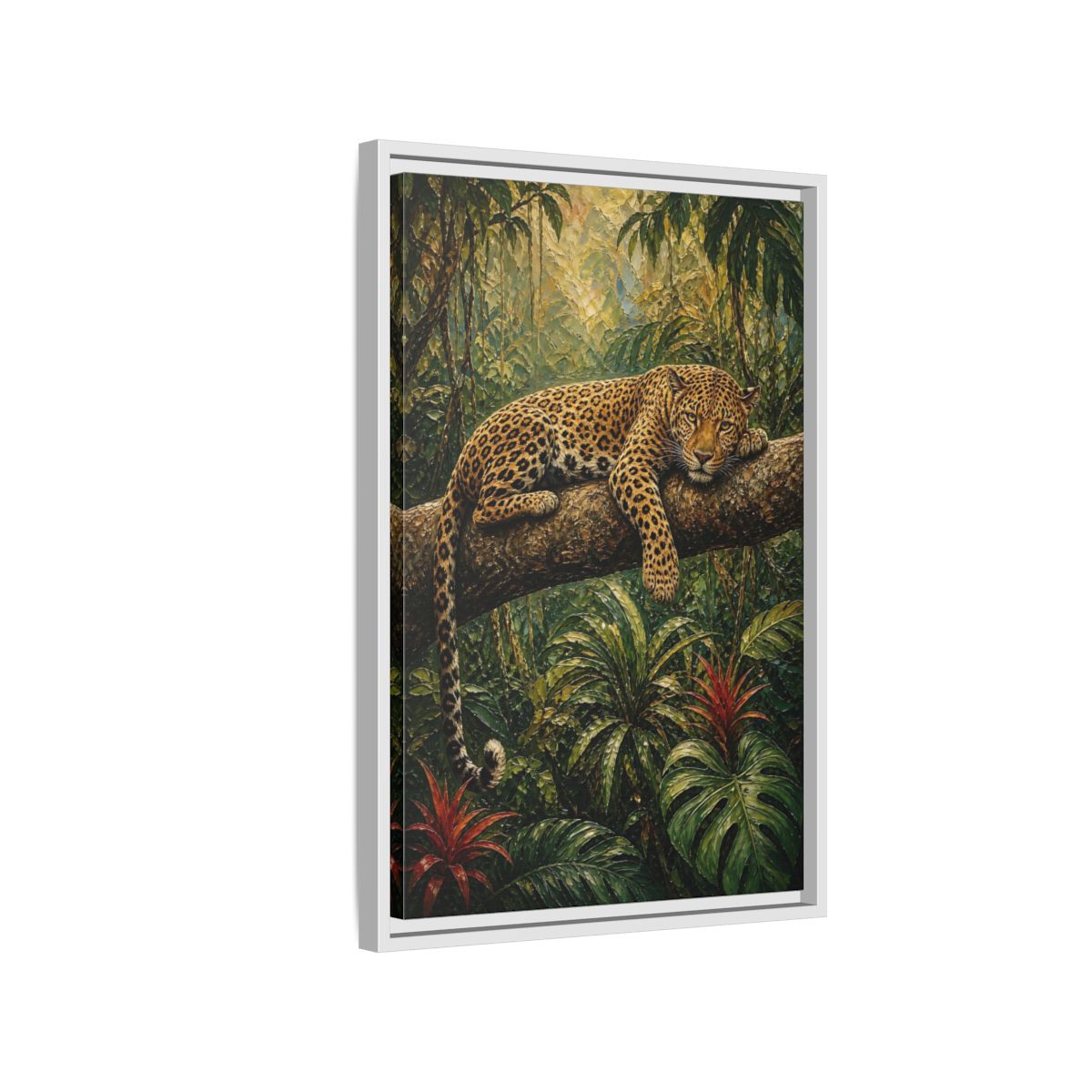 Side Mockup 1. Nature Leopard Green Brown Leopard shown as stretched canvas wall art