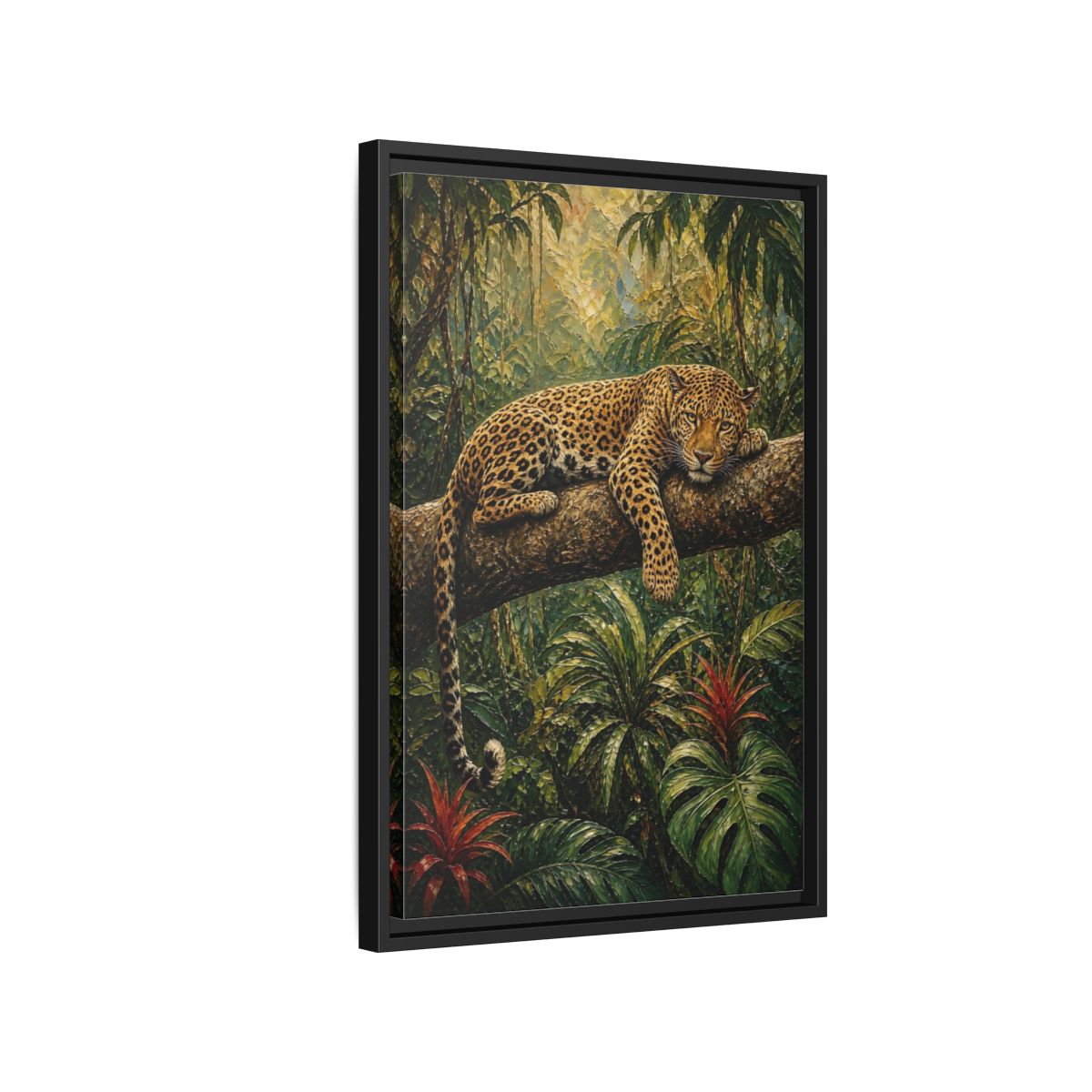 Side Mockup 3. Nature Leopard Green Brown Leopard shown as stretched canvas wall art
