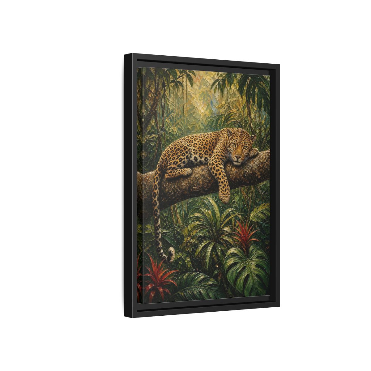 Side Mockup 6. Nature Leopard Green Brown Leopard shown as stretched canvas wall art