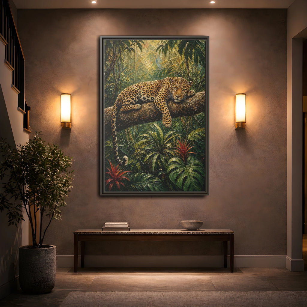 Mockup 2. Nature Leopard Green Brown Leopard shown as stretched canvas wall art