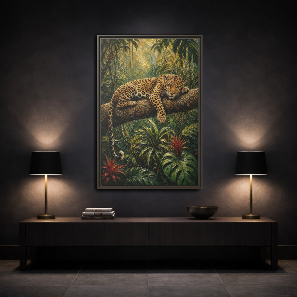 Mockup 3. Nature Leopard Green Brown Leopard shown as stretched canvas wall art