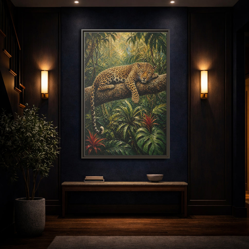 Mockup 4. Nature Leopard Green Brown Leopard shown as stretched canvas wall art