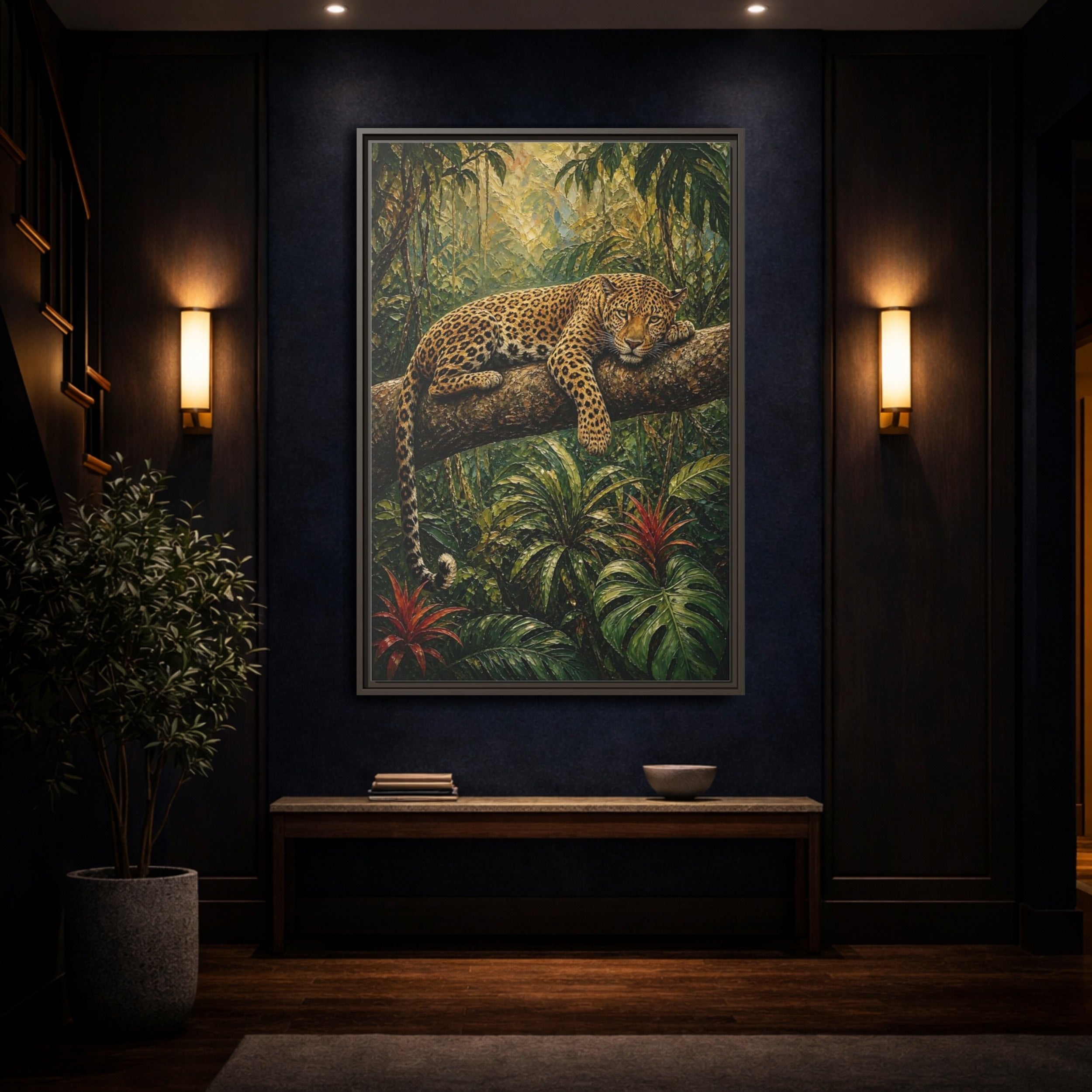 Mockup 4. Nature Leopard Green Brown Leopard shown as stretched canvas wall art