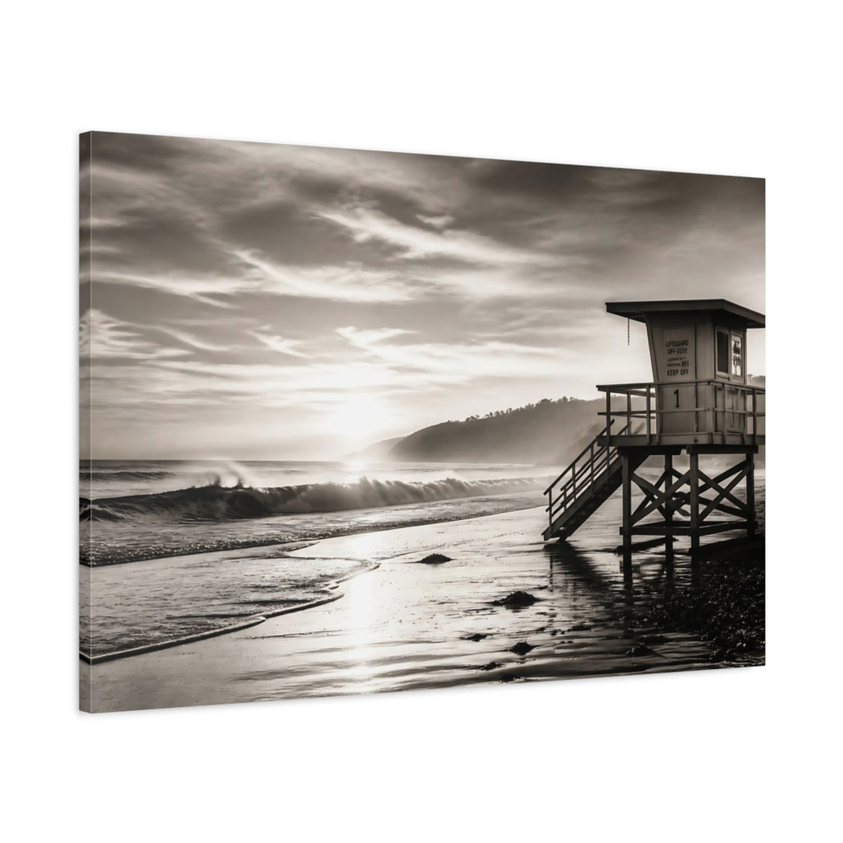 Main Mockup. Nature Lifeguard Stand Sepia Beach shown as canvas print
