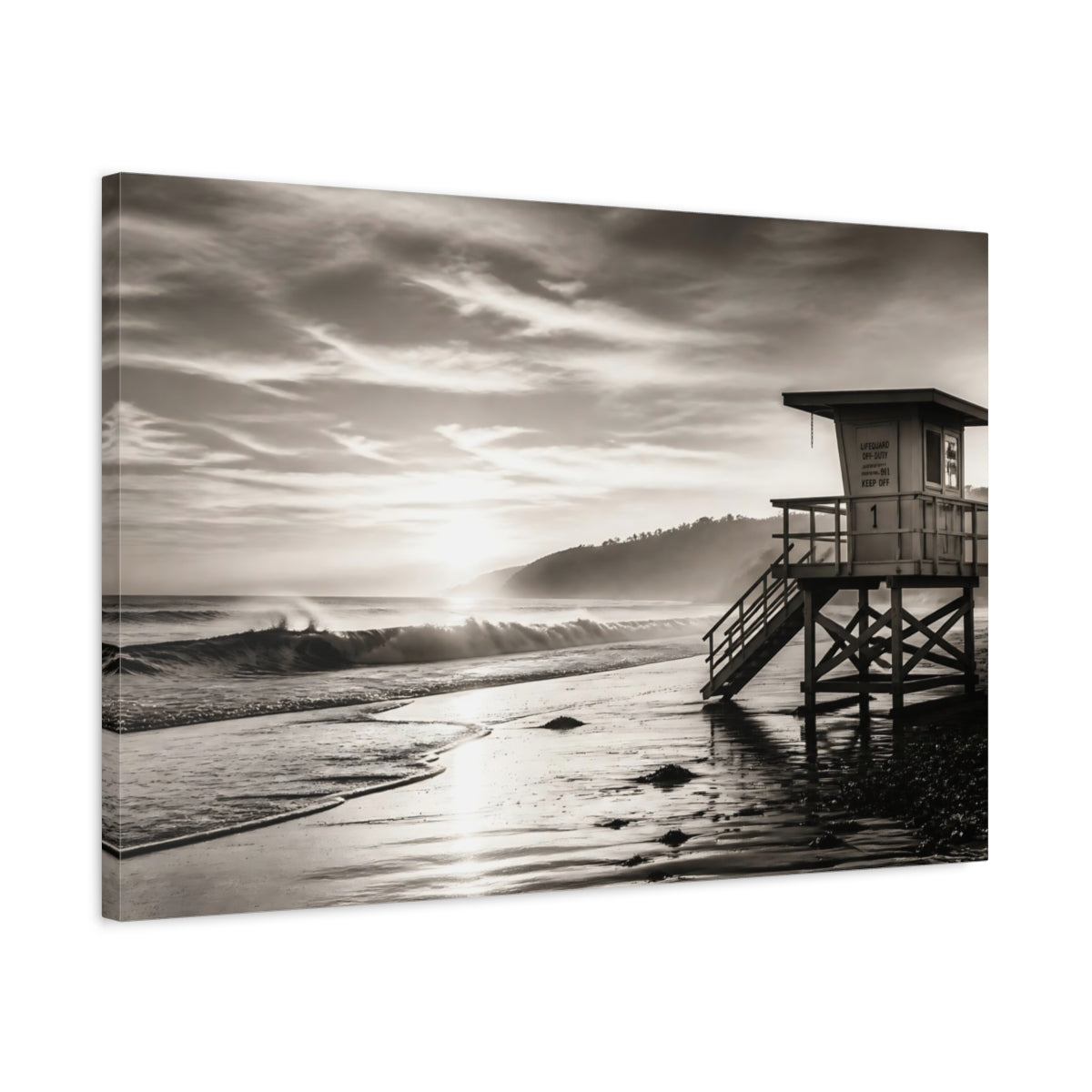 Side Mockup 2. Nature Lifeguard Stand Sepia Beach shown as canvas print