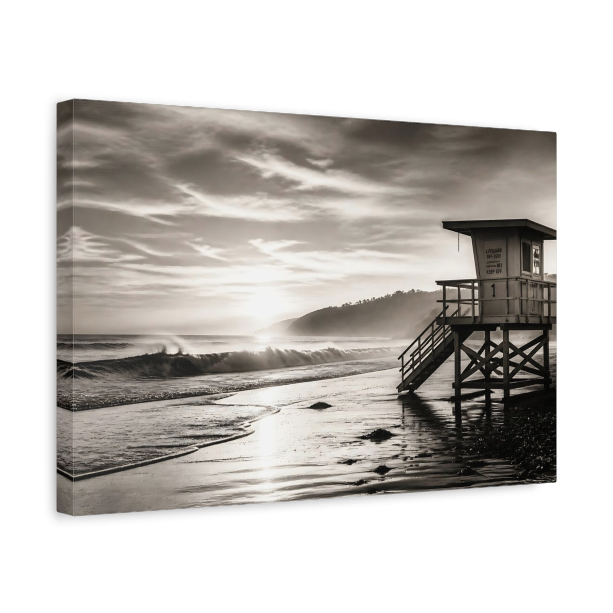 Side Mockup 4. Nature Lifeguard Stand Sepia Beach shown as canvas print