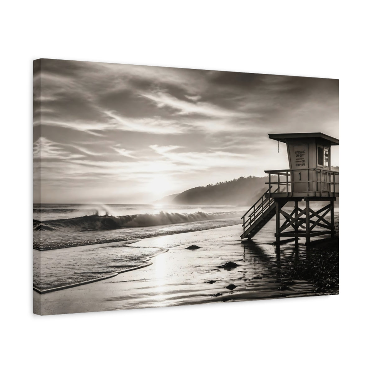 Side Mockup 3. Nature Lifeguard Stand Sepia Beach shown as canvas print