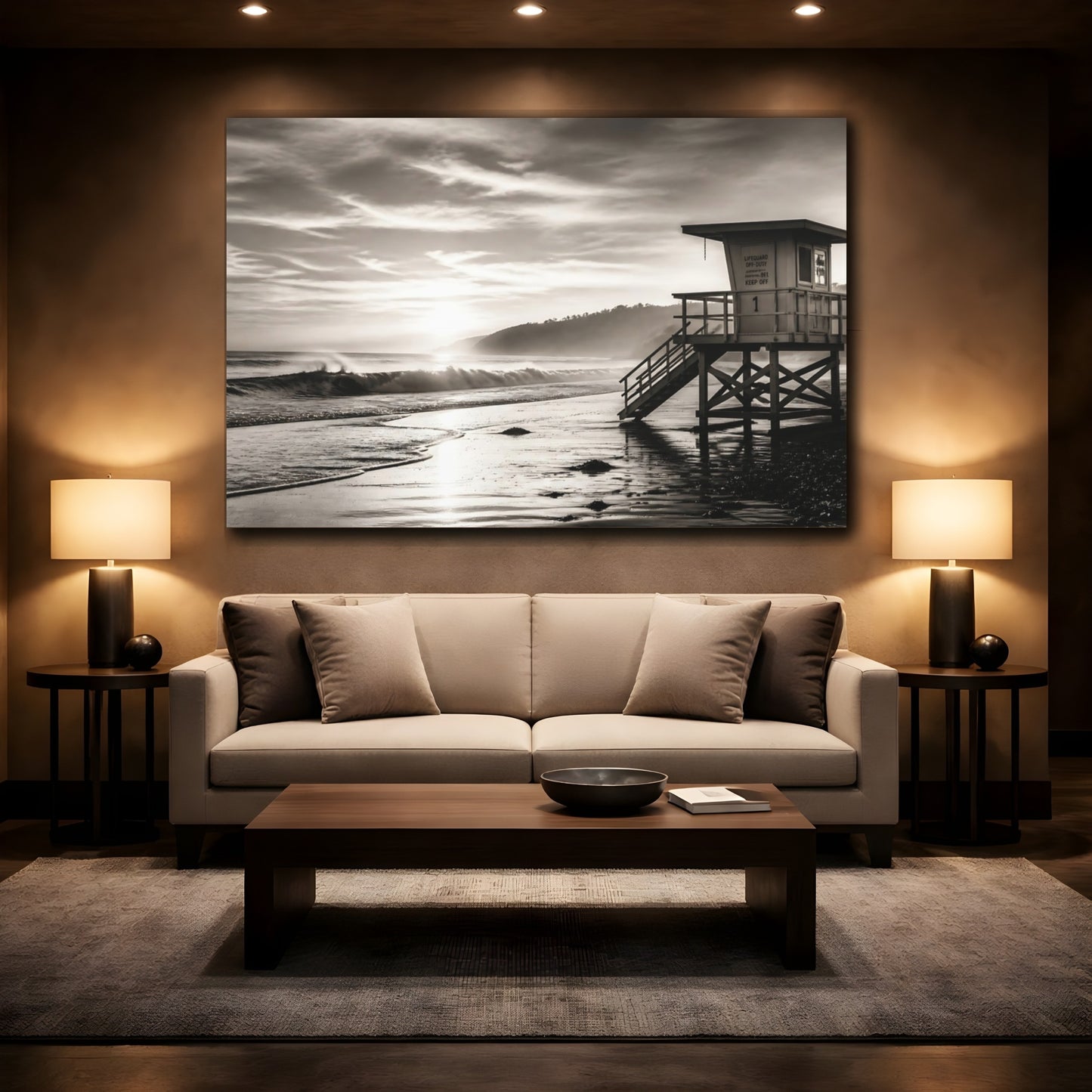 Mockup 2. Nature Lifeguard Stand Sepia Beach shown as canvas print