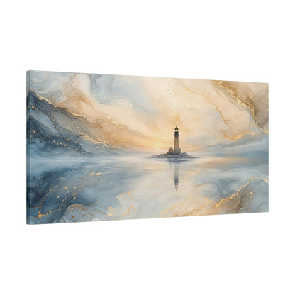 Main Mockup. Nature Lighthouse Blue And Gold shown as stretched canvas wall art