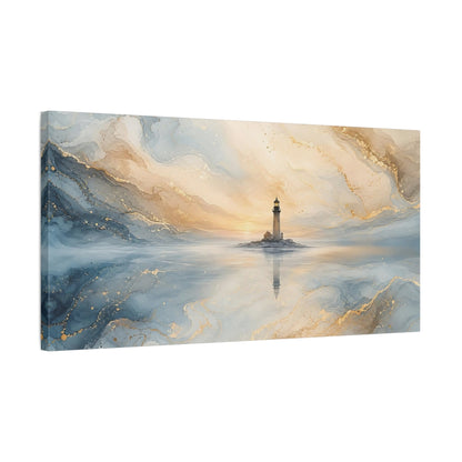 Side Mockup 1. Nature Lighthouse Blue And Gold shown as stretched canvas wall art