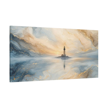 Side Mockup 2. Nature Lighthouse Blue And Gold shown as stretched canvas wall art