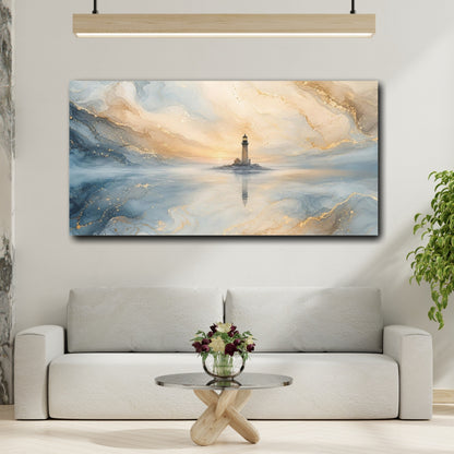Mockup 2. Nature Lighthouse Blue And Gold shown as stretched canvas wall art