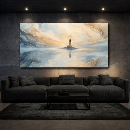 Mockup 3. Nature Lighthouse Blue And Gold shown as stretched canvas wall art
