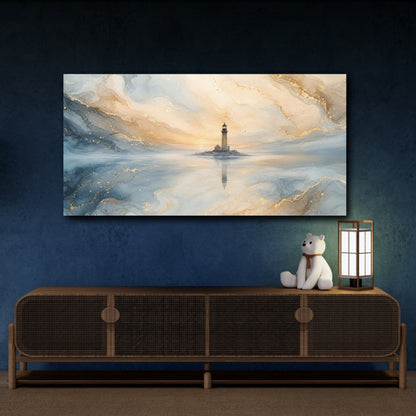 Mockup 4. Nature Lighthouse Blue And Gold shown as stretched canvas wall art