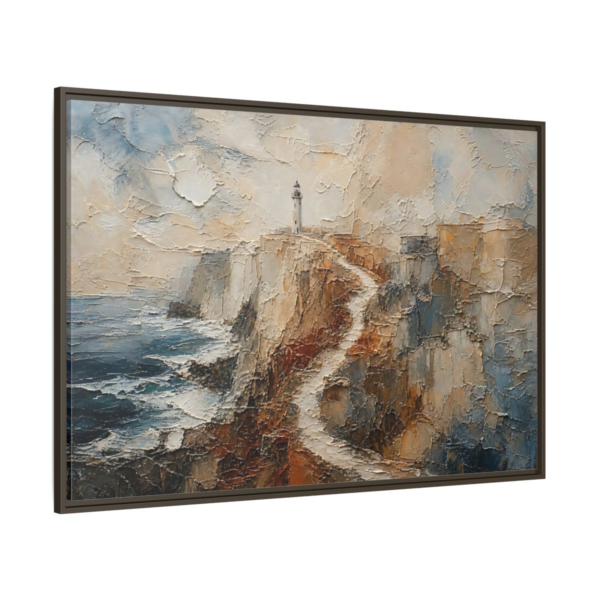 Side Mockup 8. Nature Lighthouse, Cliffs Coastal Lighthouse shown as stretched canvas wall art