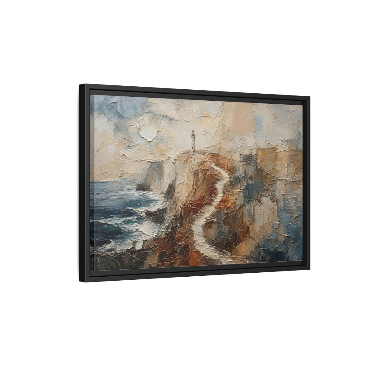Side Mockup 3. Nature Lighthouse, Cliffs Coastal Lighthouse shown as stretched canvas wall art