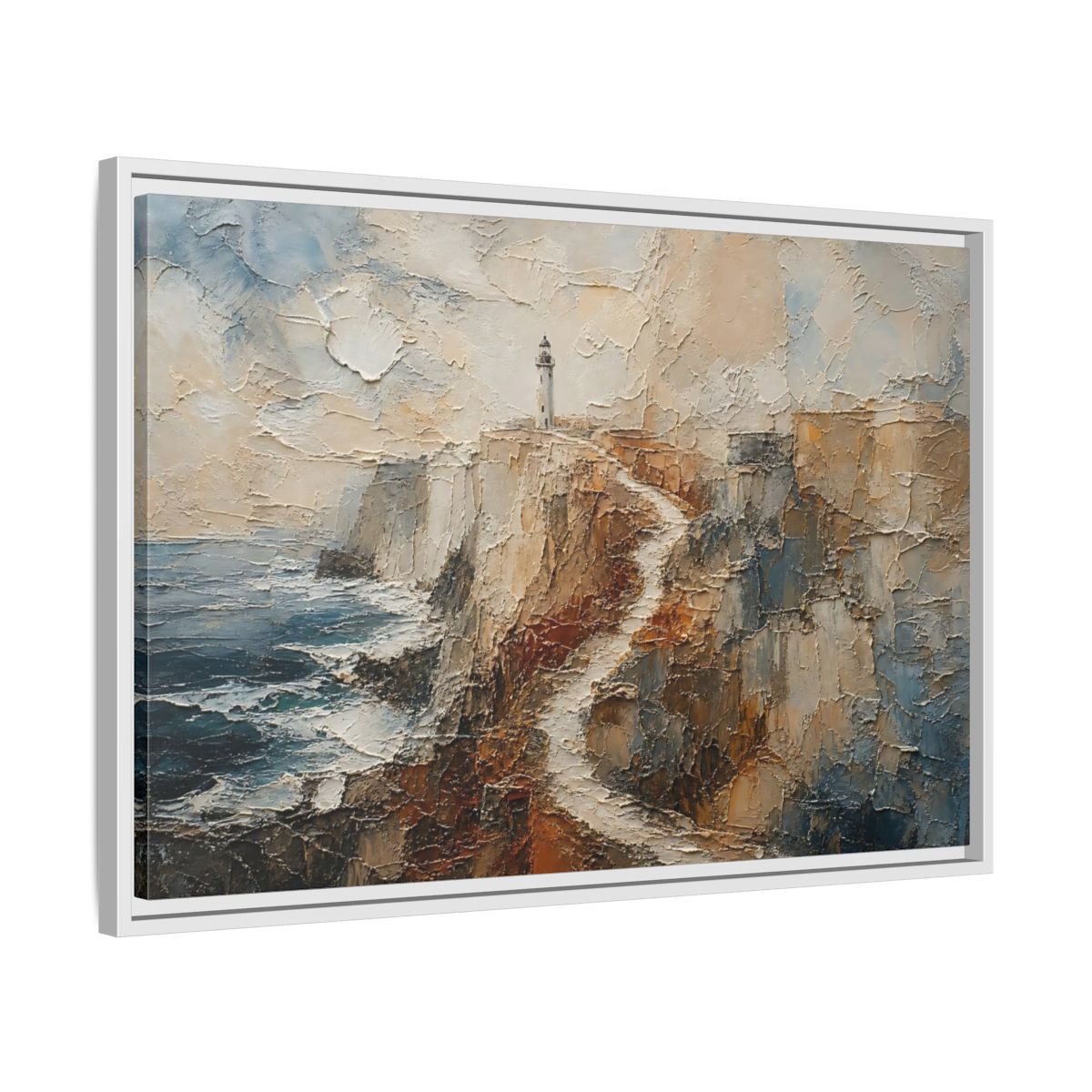Side Mockup 10. Nature Lighthouse, Cliffs Coastal Lighthouse shown as stretched canvas wall art