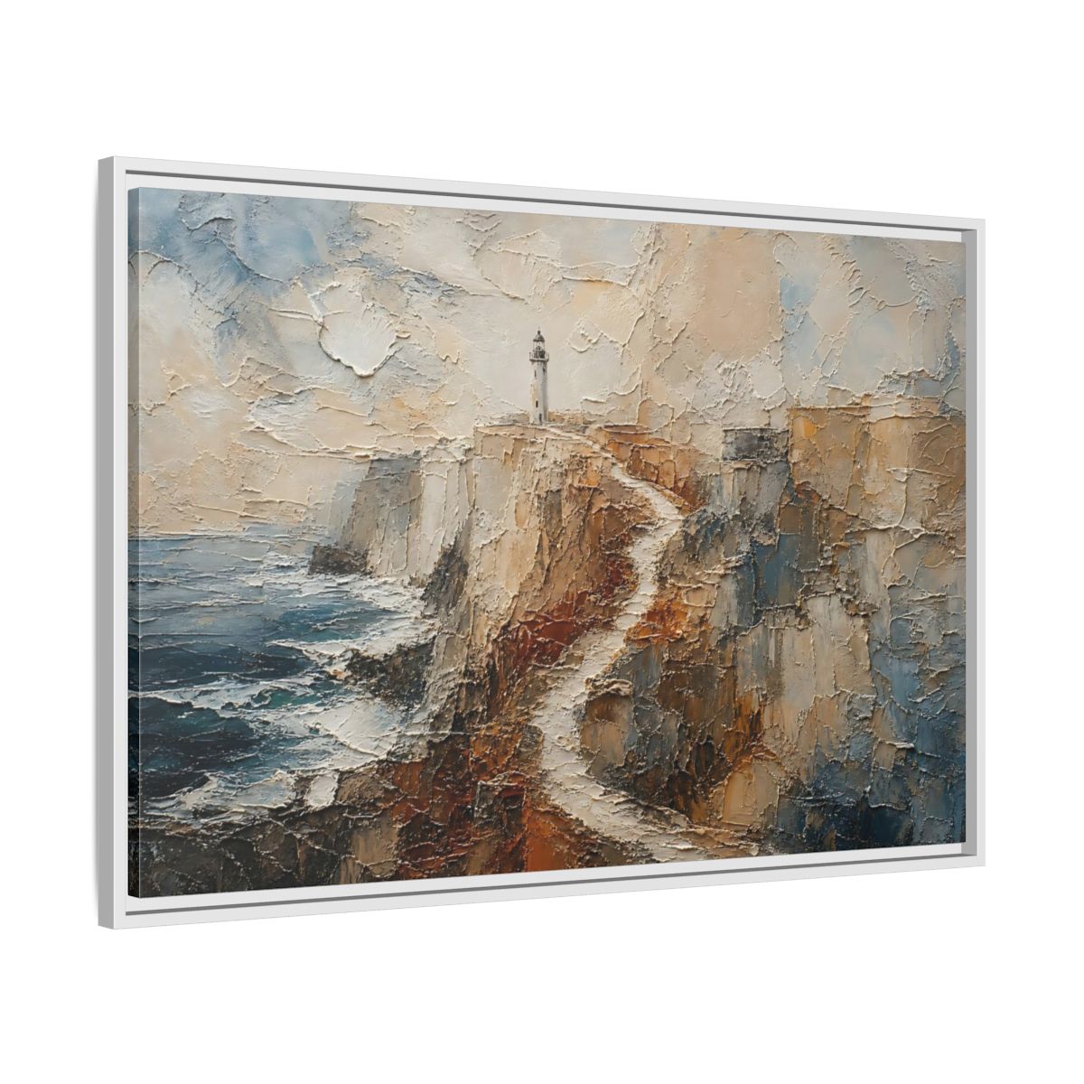 Side Mockup 9. Nature Lighthouse, Cliffs Coastal Lighthouse shown as stretched canvas wall art