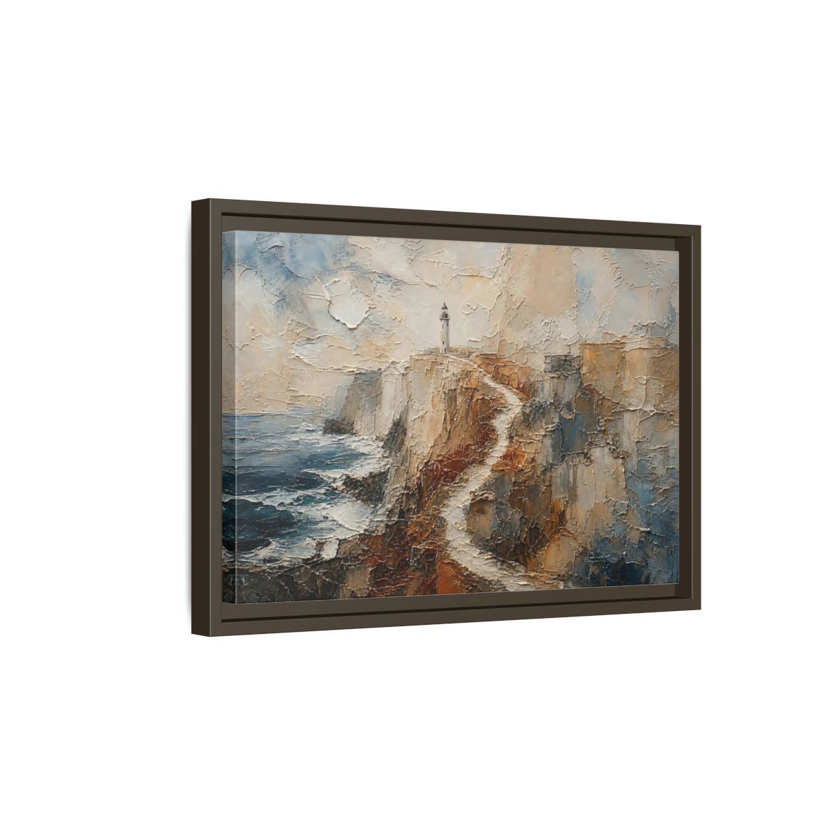 Side Mockup 5. Nature Lighthouse, Cliffs Coastal Lighthouse shown as stretched canvas wall art