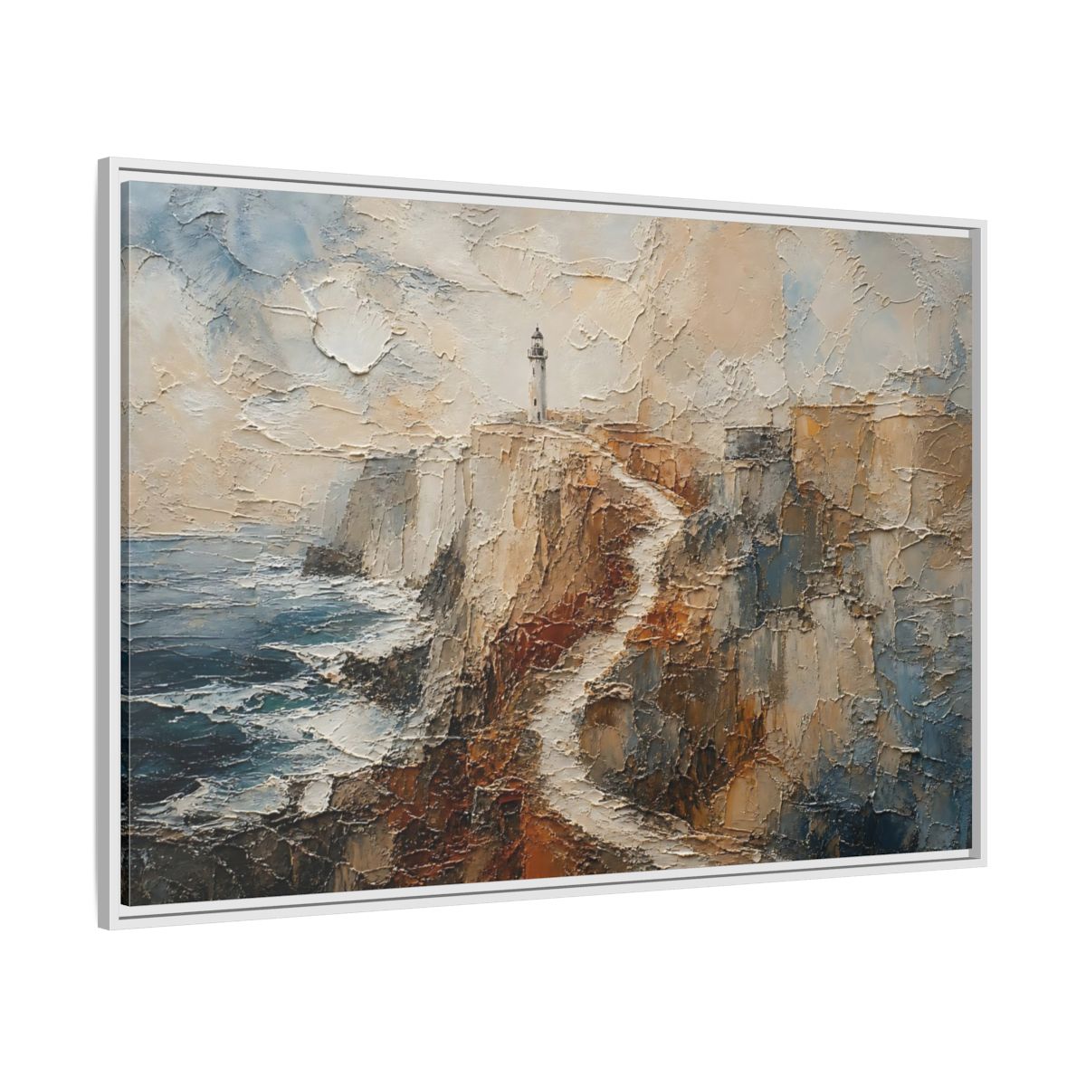 Side Mockup 7. Nature Lighthouse, Cliffs Coastal Lighthouse shown as stretched canvas wall art