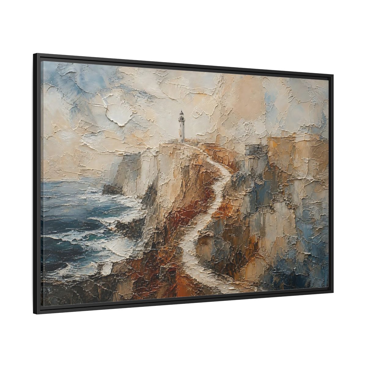 Side Mockup 12. Nature Lighthouse, Cliffs Coastal Lighthouse shown as stretched canvas wall art