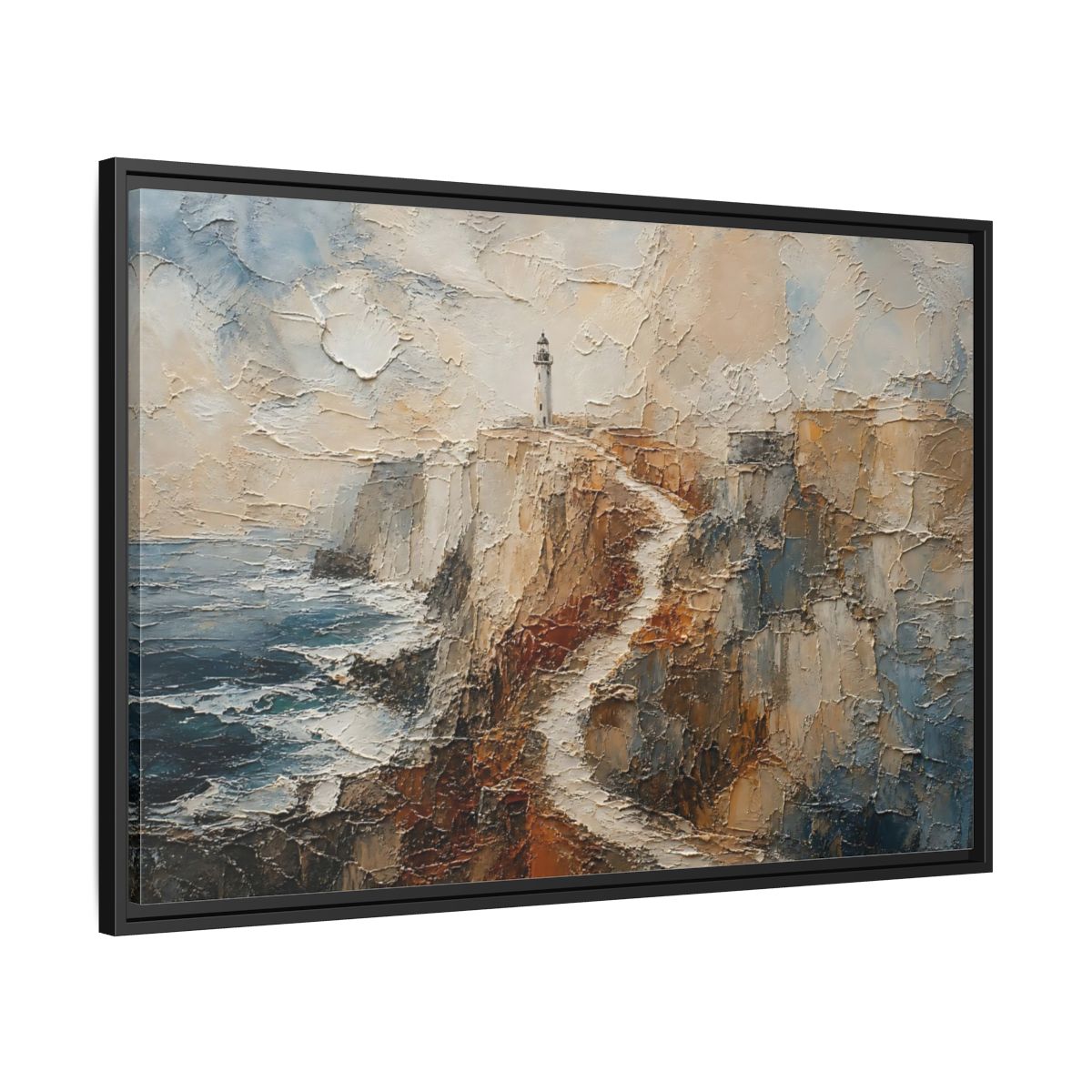 Side Mockup 13. Nature Lighthouse, Cliffs Coastal Lighthouse shown as stretched canvas wall art
