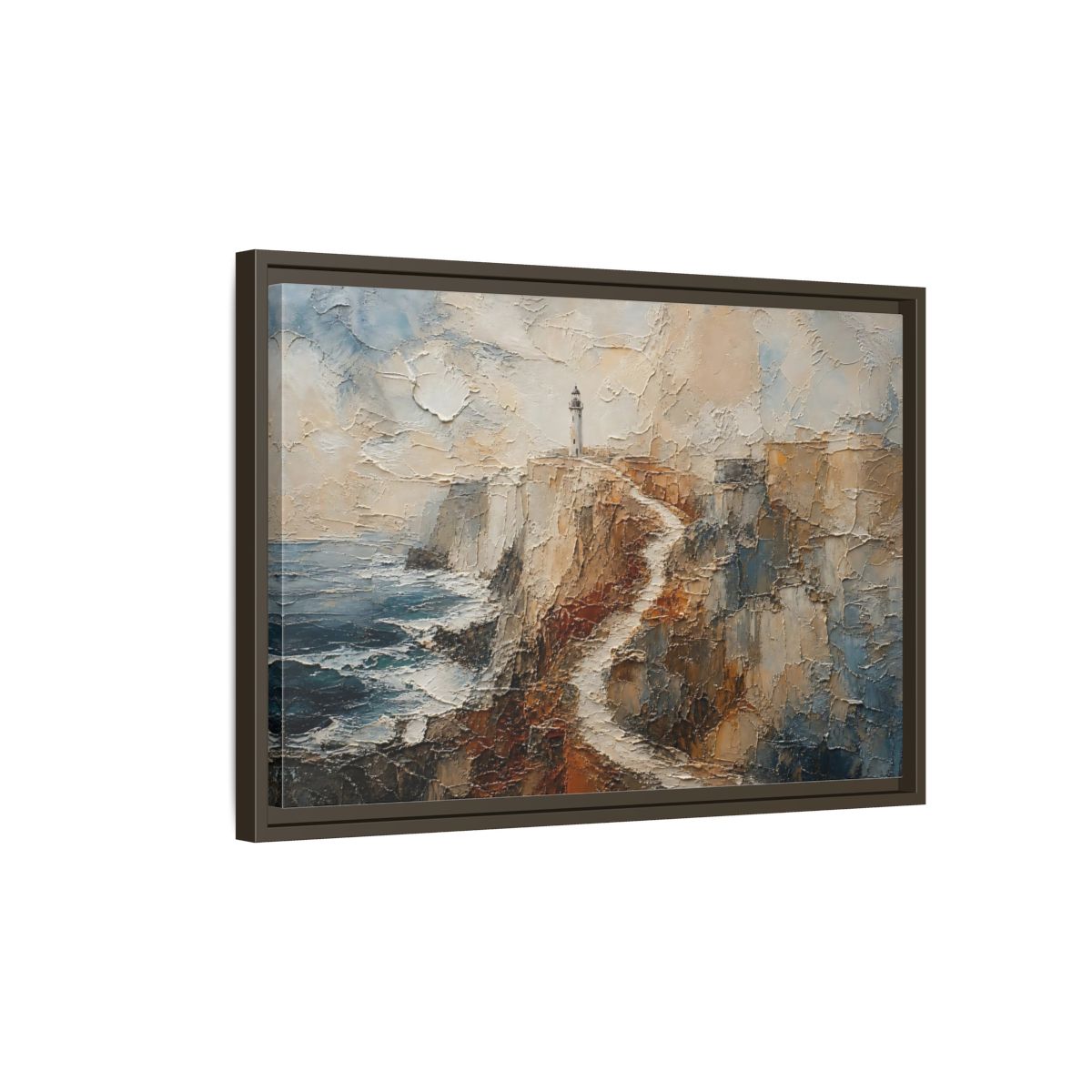 Side Mockup 2. Nature Lighthouse, Cliffs Coastal Lighthouse shown as stretched canvas wall art