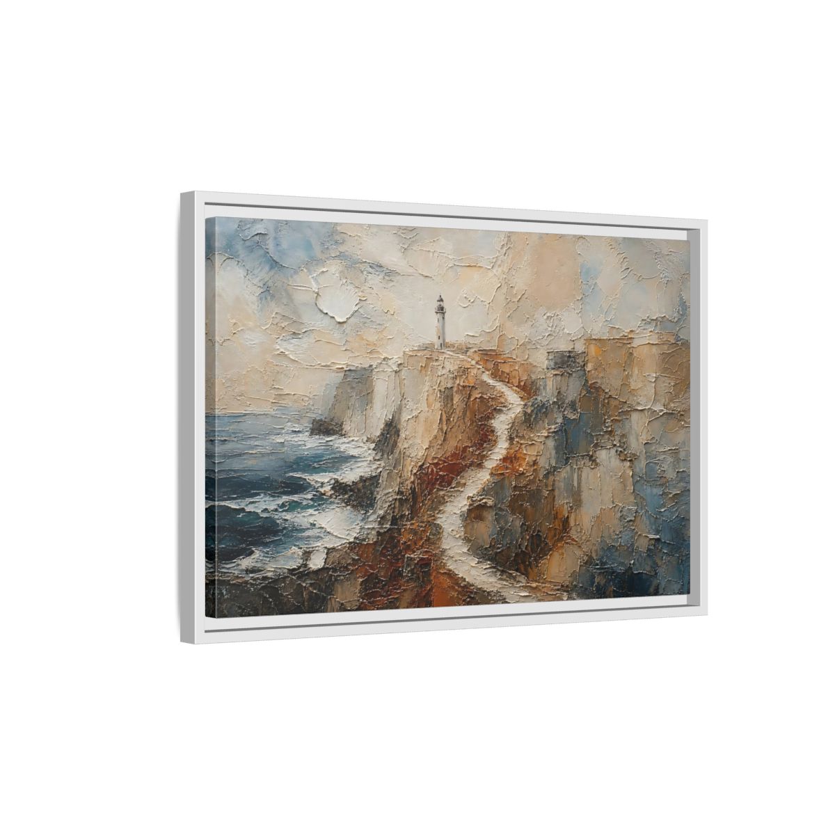 Side Mockup 1. Nature Lighthouse, Cliffs Coastal Lighthouse shown as stretched canvas wall art