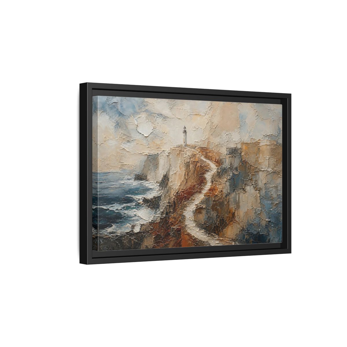 Side Mockup 6. Nature Lighthouse, Cliffs Coastal Lighthouse shown as stretched canvas wall art