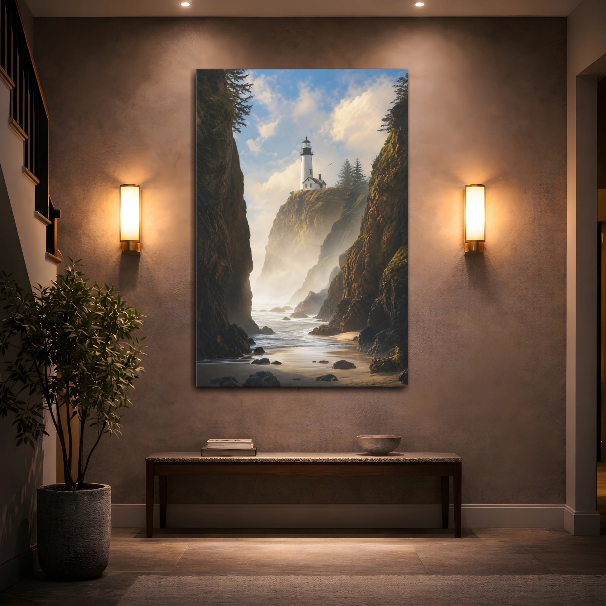Mockup 2. Nature Lighthouse Coast Coastal Lighthouse Scene shown as stretched canvas wall art