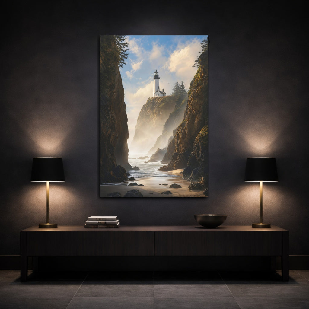 Mockup 3. Nature Lighthouse Coast Coastal Lighthouse Scene shown as stretched canvas wall art