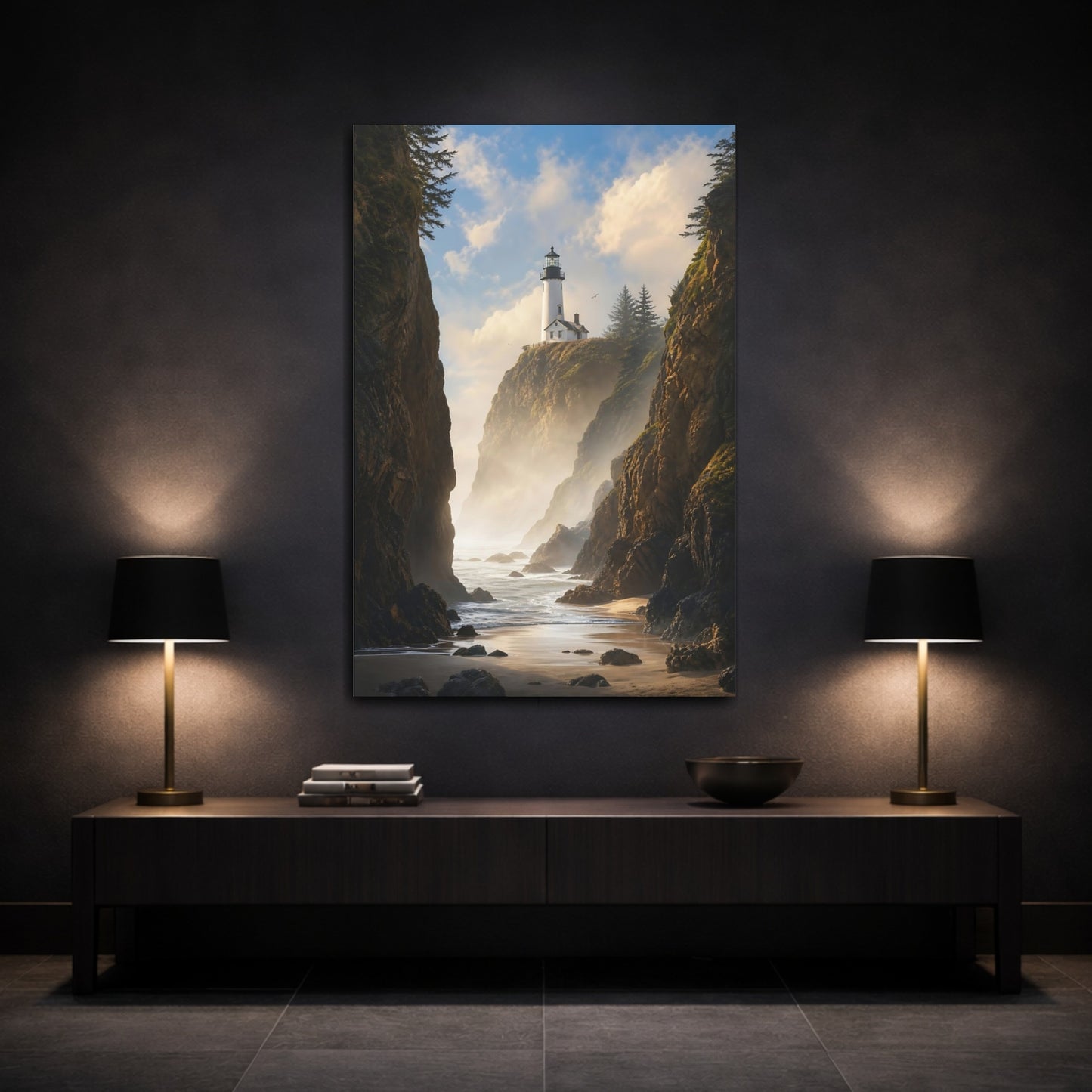Mockup 3. Nature Lighthouse Coast Coastal Lighthouse Scene shown as stretched canvas wall art