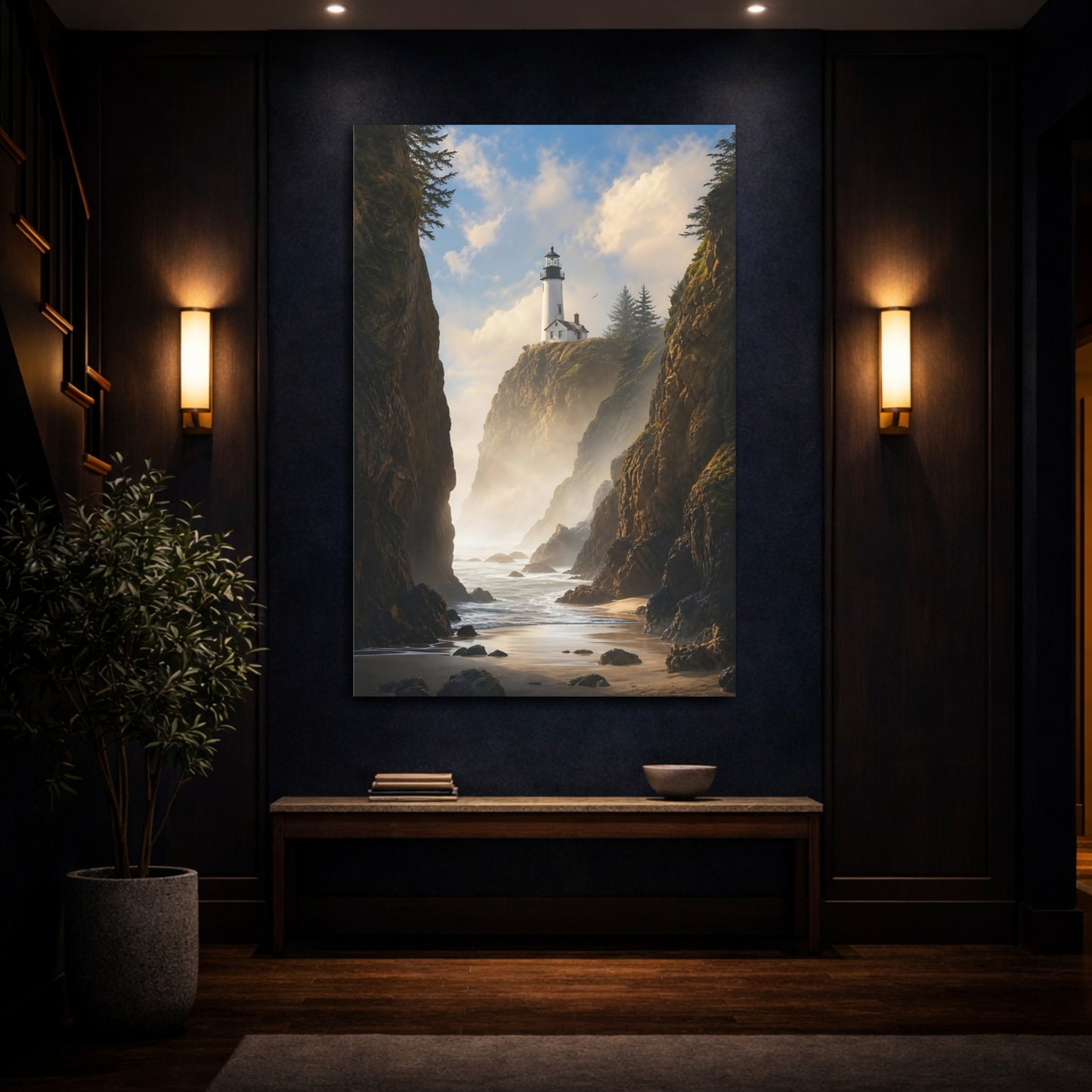 Mockup 4. Nature Lighthouse Coast Coastal Lighthouse Scene shown as stretched canvas wall art