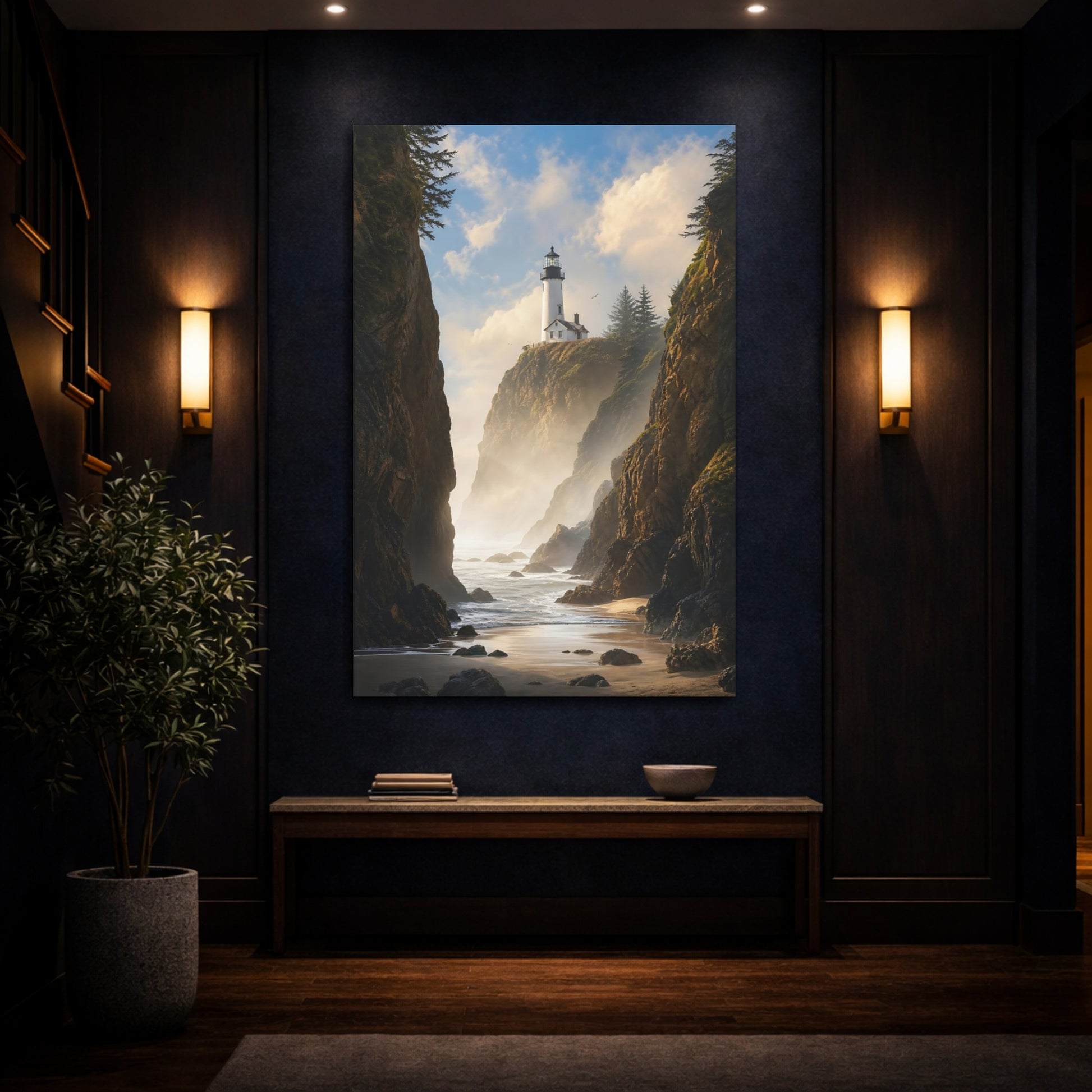 Mockup 4. Nature Lighthouse Coast Coastal Lighthouse Scene shown as stretched canvas wall art