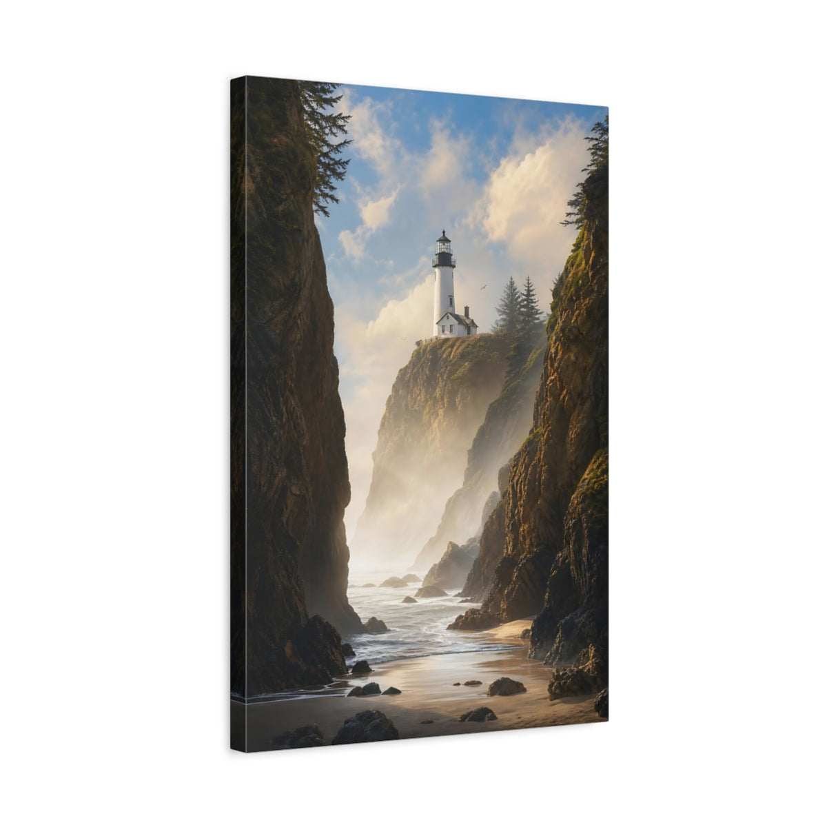 Side Mockup 3. Nature Lighthouse Coast Coastal Lighthouse Scene shown as stretched canvas wall art