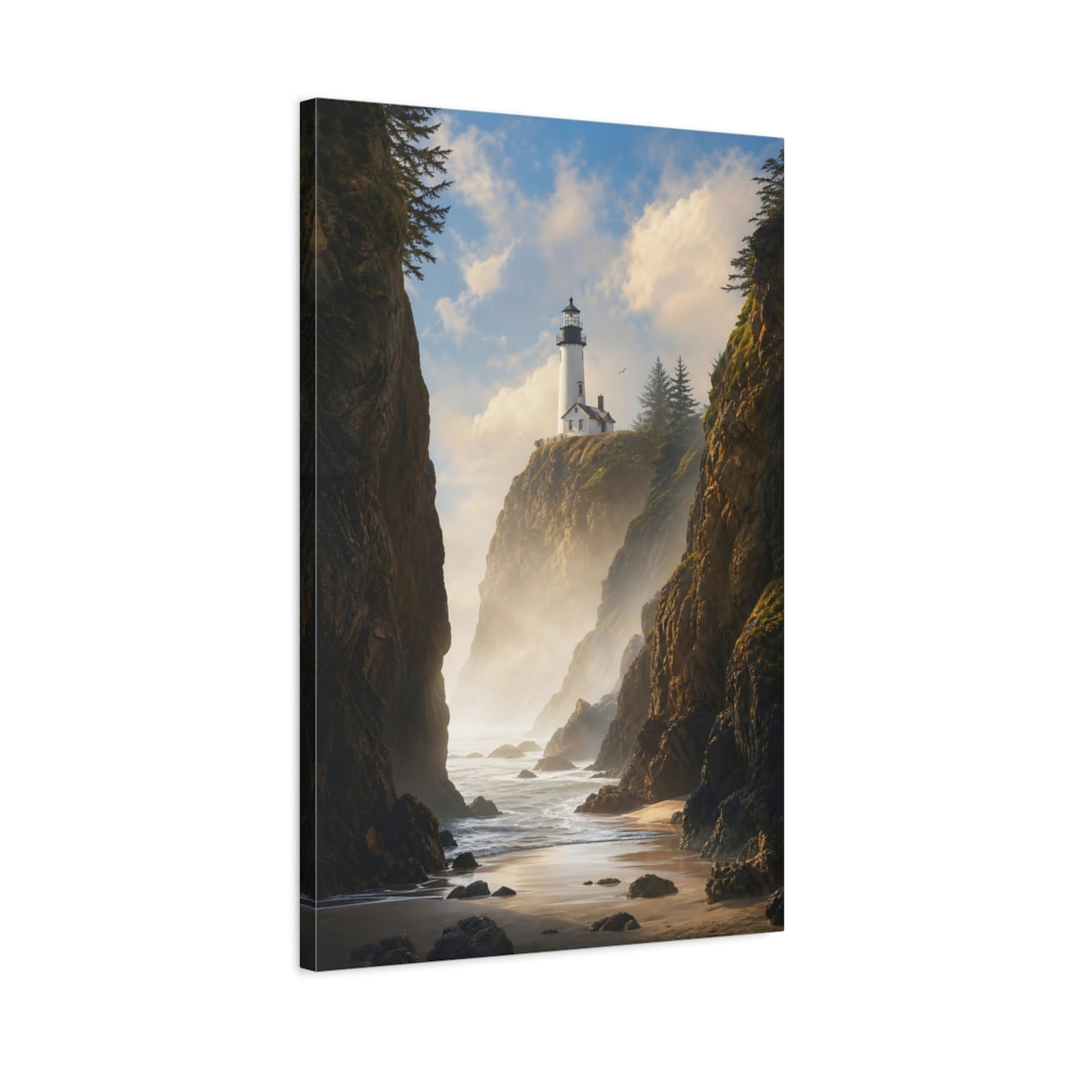 Side Mockup 2. Nature Lighthouse Coast Coastal Lighthouse Scene shown as stretched canvas wall art