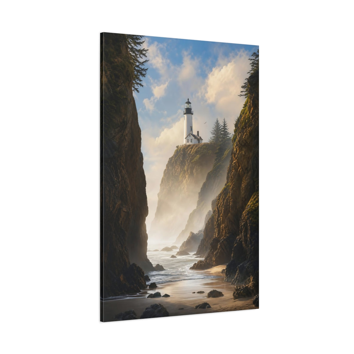 Side Mockup 1. Nature Lighthouse Coast Coastal Lighthouse Scene shown as stretched canvas wall art