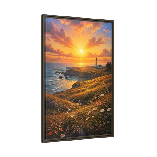 Main Mockup. Nature Lighthouse Coast Orange Gold Coastal shown as stretched canvas wall art