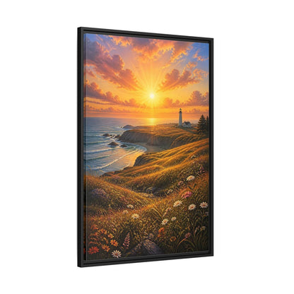 Nature Lighthouse Coast Orange Gold Coastal Framed Canvas Wall Art - Realistic Living Room shown as canvas wall art