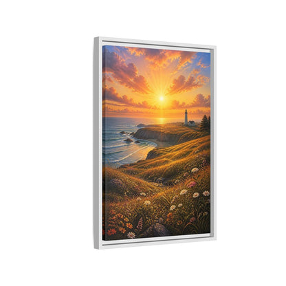Nature Lighthouse Coast Orange Gold Coastal Framed Canvas Wall Art - Realistic Living Room shown as canvas wall art