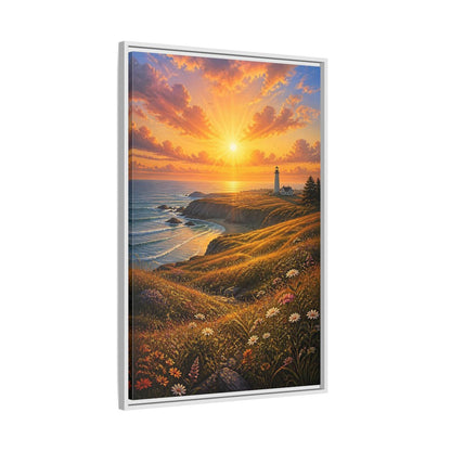 Nature Lighthouse Coast Orange Gold Coastal Framed Canvas Wall Art - Realistic Living Room shown as canvas wall art