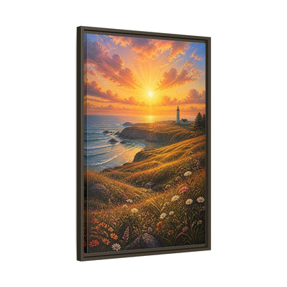 Nature Lighthouse Coast Orange Gold Coastal Framed Canvas Wall Art - Realistic Living Room shown as canvas wall art