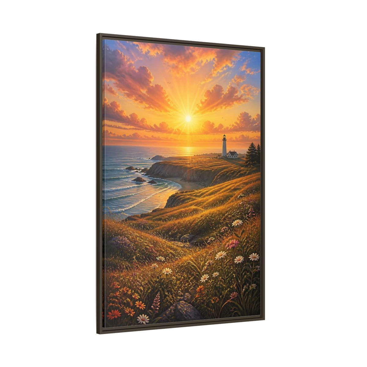 Side Mockup 8. Nature Lighthouse Coast Orange Gold Coastal shown as stretched canvas wall art