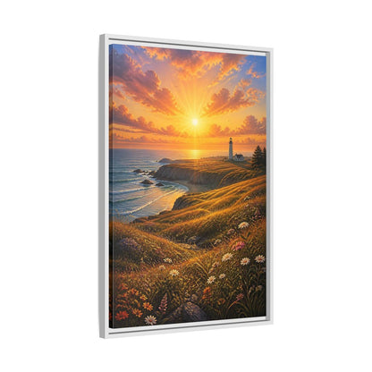 Nature Lighthouse Coast Orange Gold Coastal Framed Canvas Wall Art - Realistic Living Room shown as canvas wall art