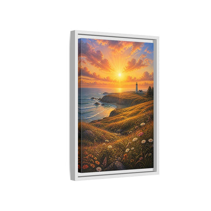 Nature Lighthouse Coast Orange Gold Coastal Framed Canvas Wall Art - Realistic Living Room shown as canvas wall art