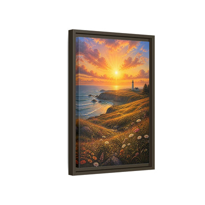 Nature Lighthouse Coast Orange Gold Coastal Framed Canvas Wall Art - Realistic Living Room shown as canvas wall art