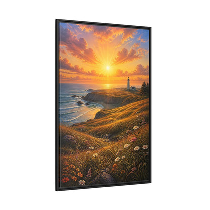 Nature Lighthouse Coast Orange Gold Coastal Framed Canvas Wall Art - Realistic Living Room shown as canvas wall art